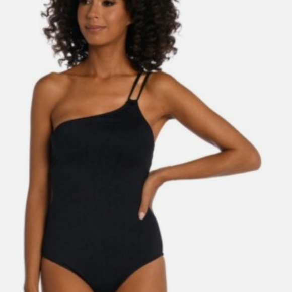 La Blanca Tummy Control Elegant Black One-Shoulder Swimsuit NWT $103 sz 12 - Picture 1 of 5